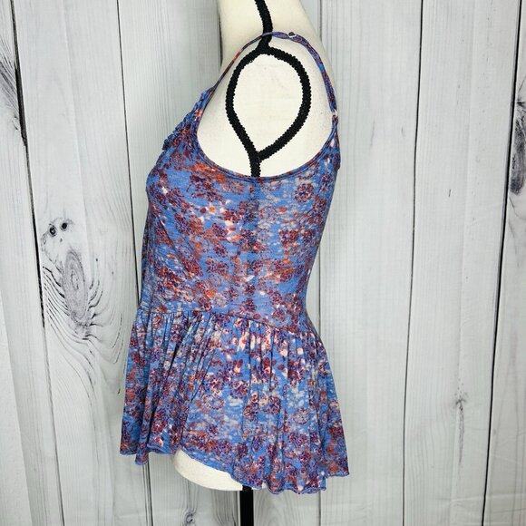 Free People Babydoll Peplum Tank Top Sz XS Blue Floral Bohemian Cottage - Picture 6 of 11